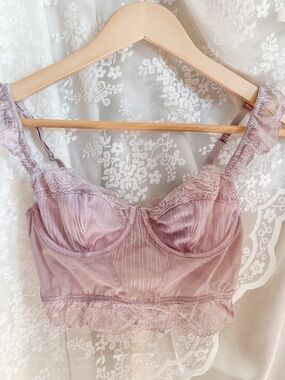 Coquette Pink Lace Bustier Top Sheer Mesh Bralette Corset Style